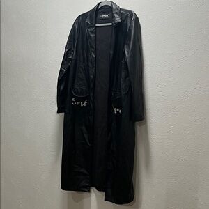 Black Faux Leather Trench Coat with Pockets